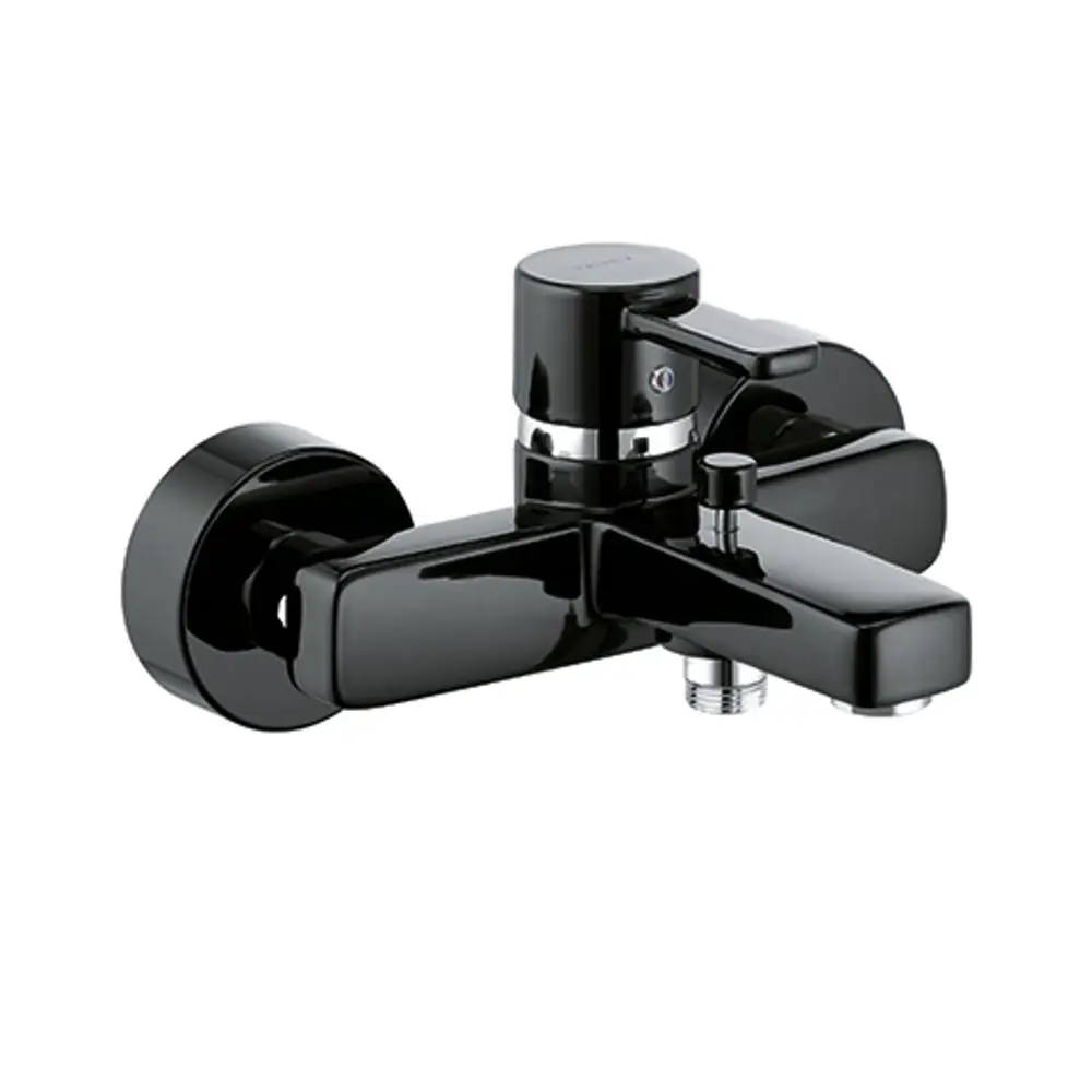 Kludi Wasserhahn in schwarz mit einem einzigen Hebelgriff und Abfluss. Der Arm ist oval geformt und zur Wandmontage geeignet.